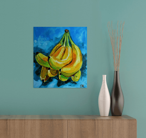 Bananas on  turquoise  Still life. Palette knife painting on linen canvas