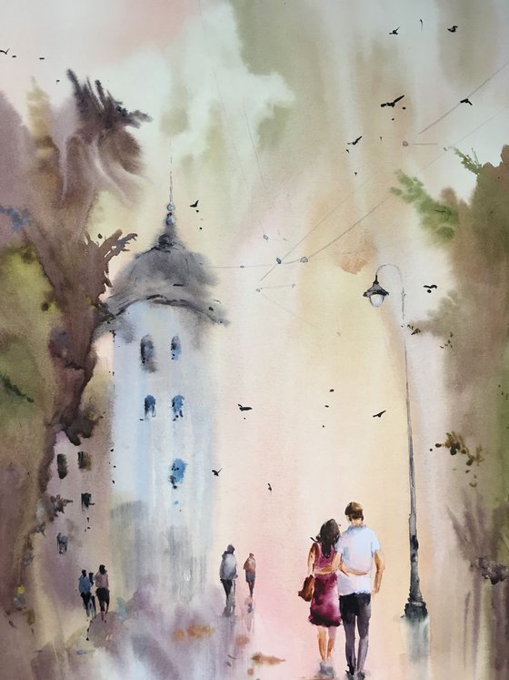 Watercolor “Autumn feeling.Romance” SOLD