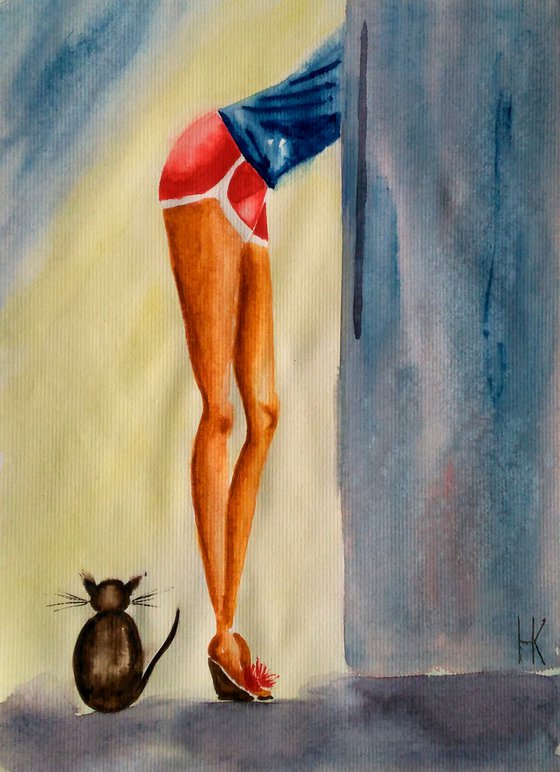 Girl and cat original watercolor painting" Midnight meal"