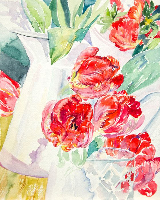 Red tulips. Watercolor still life