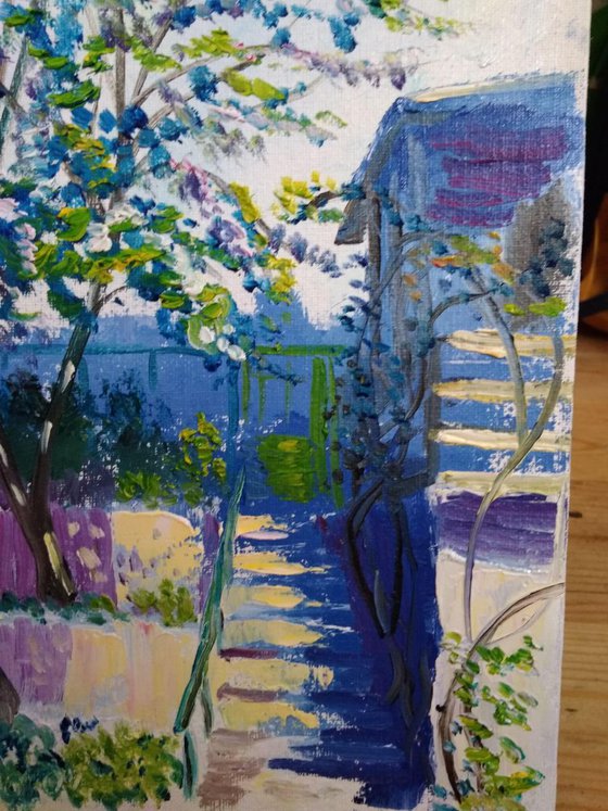 Stairs in yard of the country house Plein Air Painting