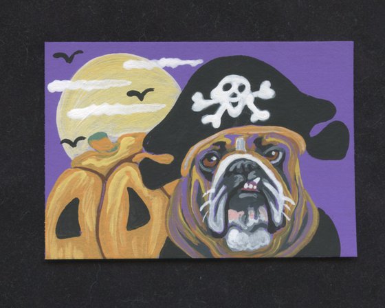 ACEO ATC Original Miniature Painting Halloween Tan English Bulldog Pirate Dog Art-Carla Smale