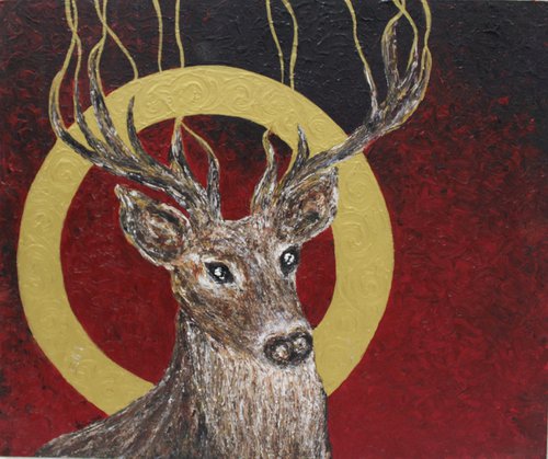 The Golden Ring and Stag - Palette Knife - Acrylic painting on canvas board - animal art - affordable art - animal lovers gift by Vikashini Palanisamy