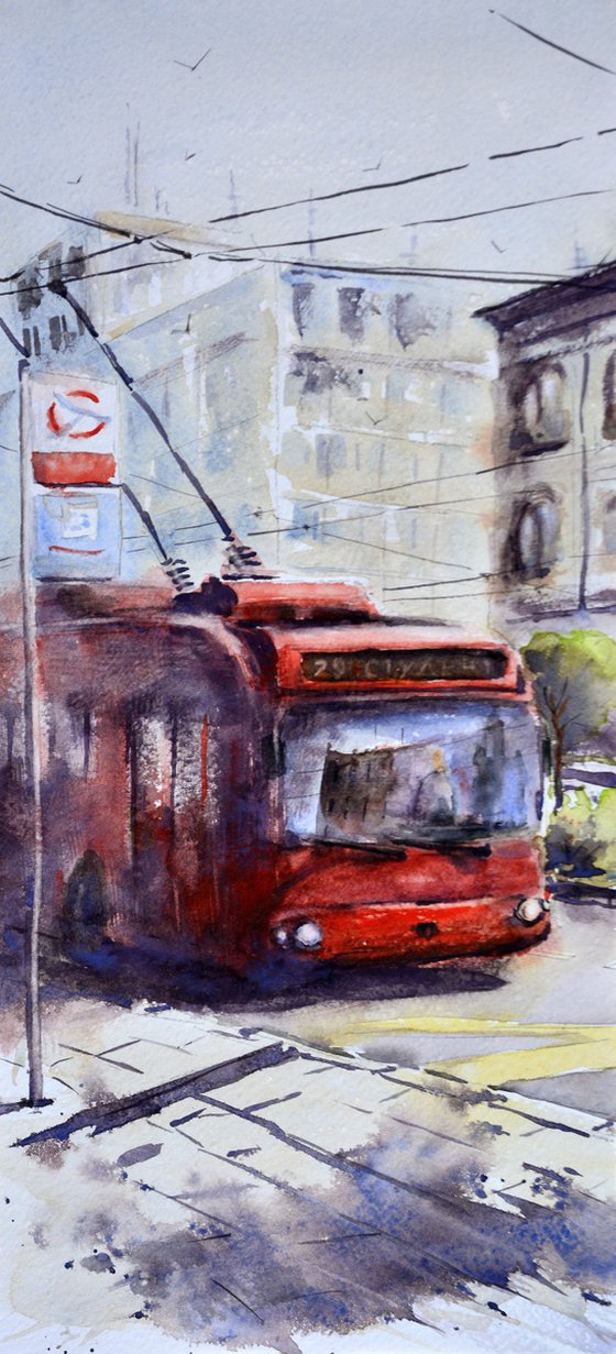 Trolleybus on the student square Belgrade 17x36 cm 2022