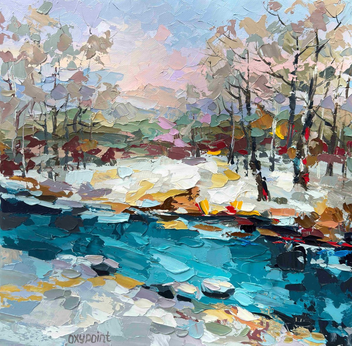 Impressionistic Landscape Oil Painting By Oxypoint, 12 X 12", "Turquoise Flow", Original Artwork