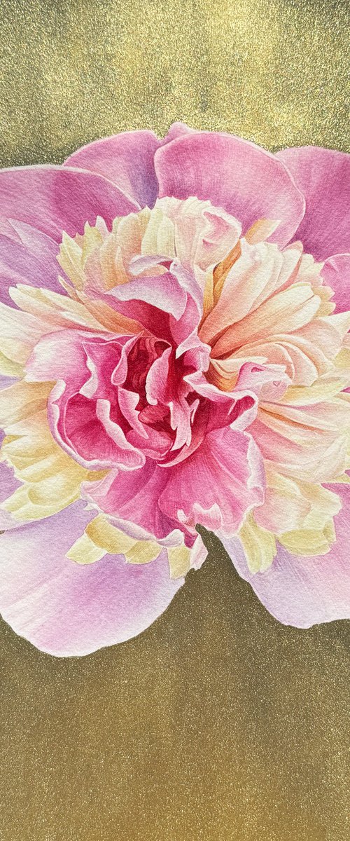 Pink peony on a gold background Painting by Yuliia Prokopchuk
