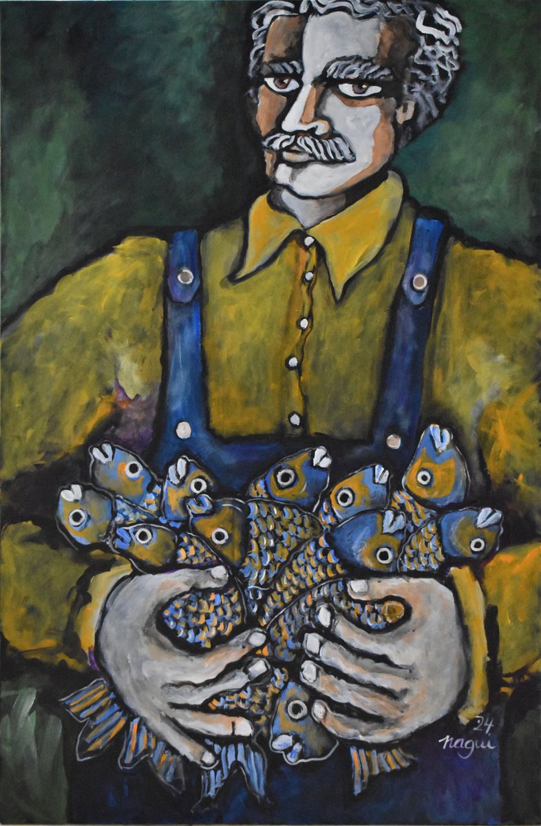 Expressive Portrait Acrylic Painting By Nagui, 24 X 36", The Bounty, Original Artwork