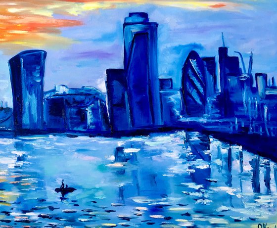 London city, sunrise, Impressionism. London variations of blue colours: ultramarine, navy blue, turquoise, sky blue, cobalt, palette knife original artwork.