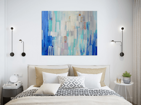 Zeros and ones (large contemporary abstract in blue and greys)