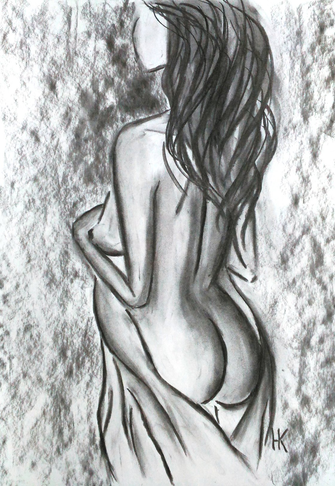 Female Nude Drawing Original Charcoal Sketch Black Monochrome Artwork Woman  Nude Back View Home Wall Art 12 by 17