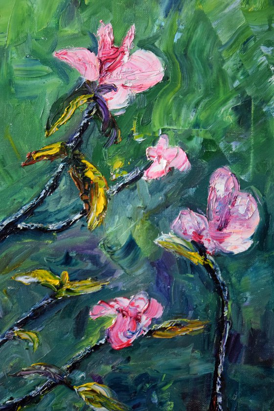 Spring flowers oil painting on canvas, pink flower, green wall art