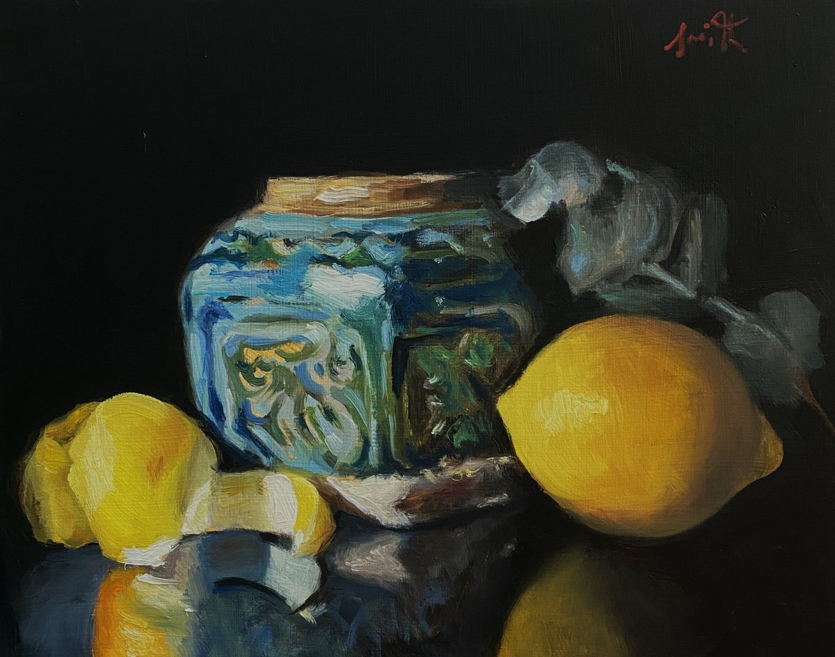 Turquoise pot & Lemons. by Jackie Smith