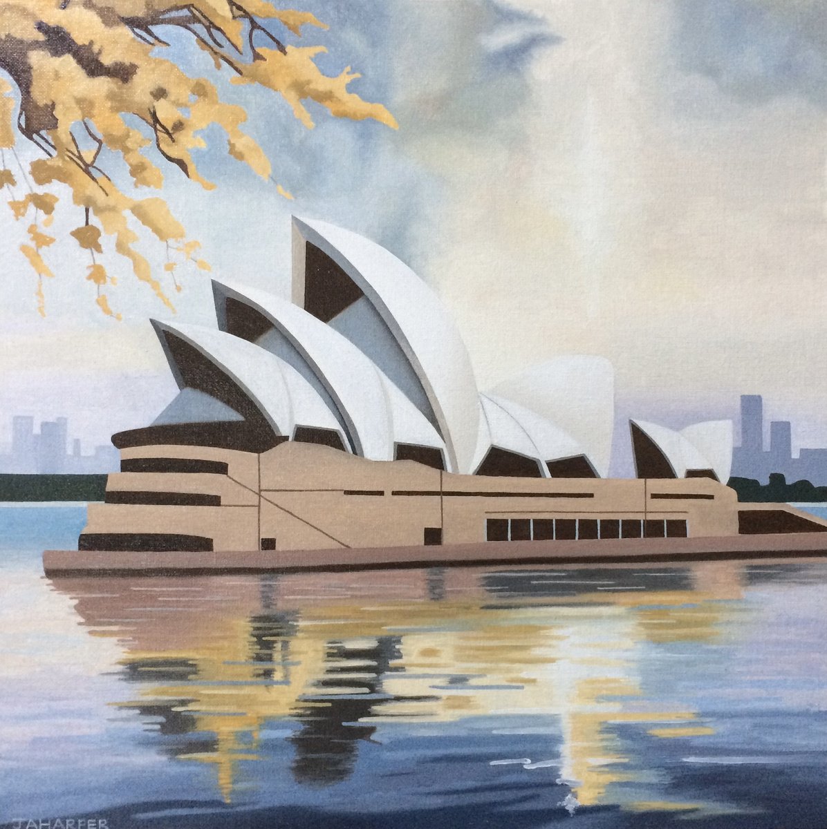 Photorealistic Oil Painting , Opera House With Golden Wattle By Jill Ann Harper, 18 X 18, Artwork For Sale On Artfinder