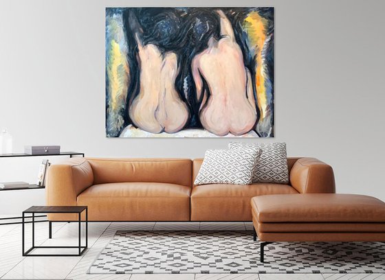 GOSSIP GIRLS - Gemini zodiac sign - nude art, large original painting, two nudes, erotic art