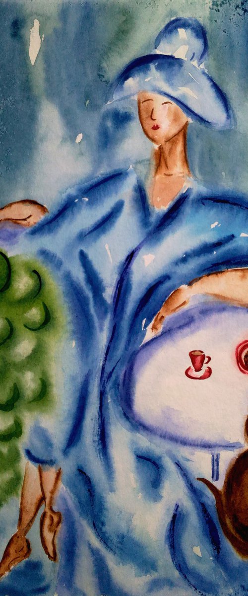 Woman Painting Faceless Original Art Cat Watercolor Grape Art Woman in Hat Artwork Coffee Time Home Wall Art 12 by 17" by Halyna Kirichenko by Halyna Kirichenko