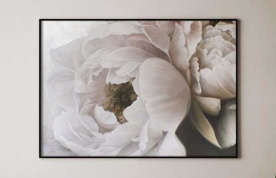 "Velvet Peonies" White silver flowers oil art