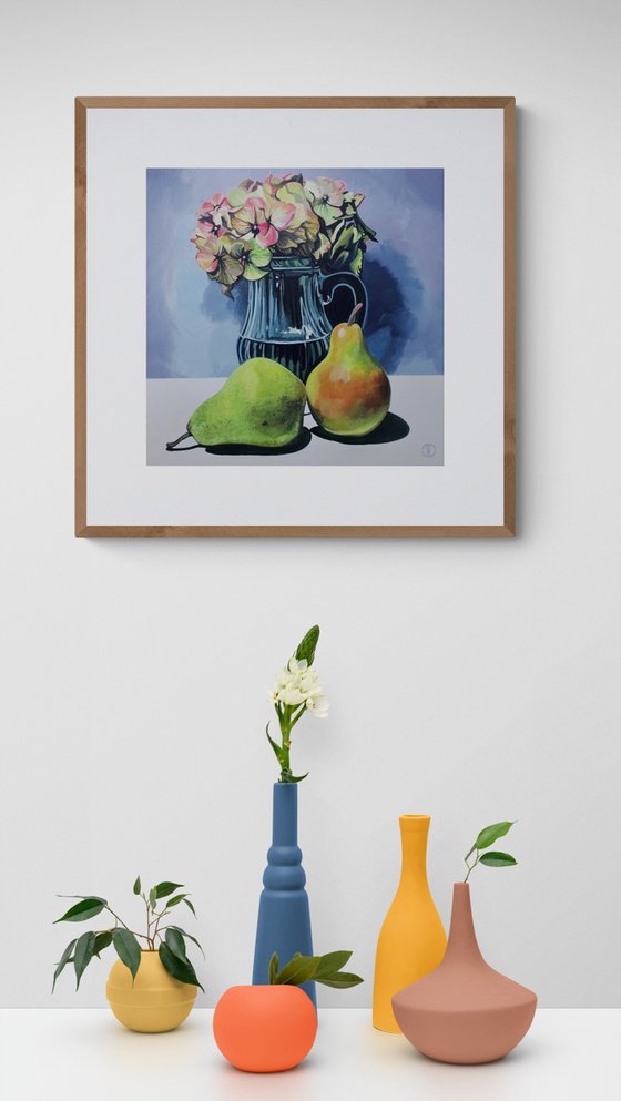 Still life hydrangea and fruit