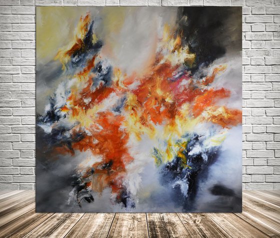 Abstract painting - Lava swell - large gray, red and orange art