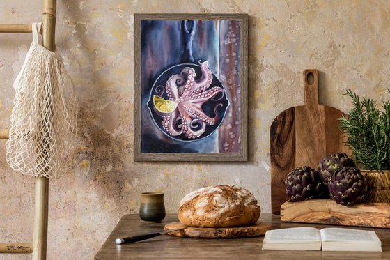 Still life with octopus in a pan