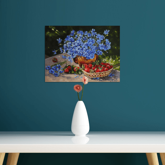 Blue Cornflowers with Strawberries