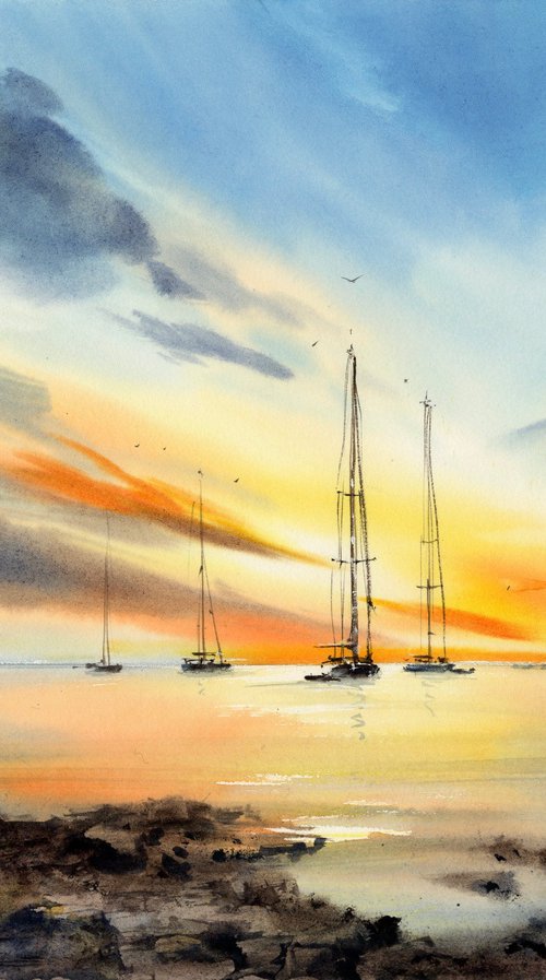 Yachts at sunset #20 by Eugenia Gorbacheva