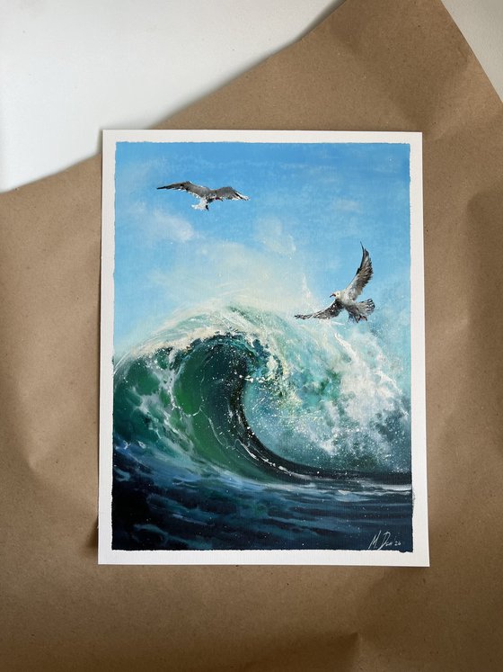Ocean Wave With Seagulls