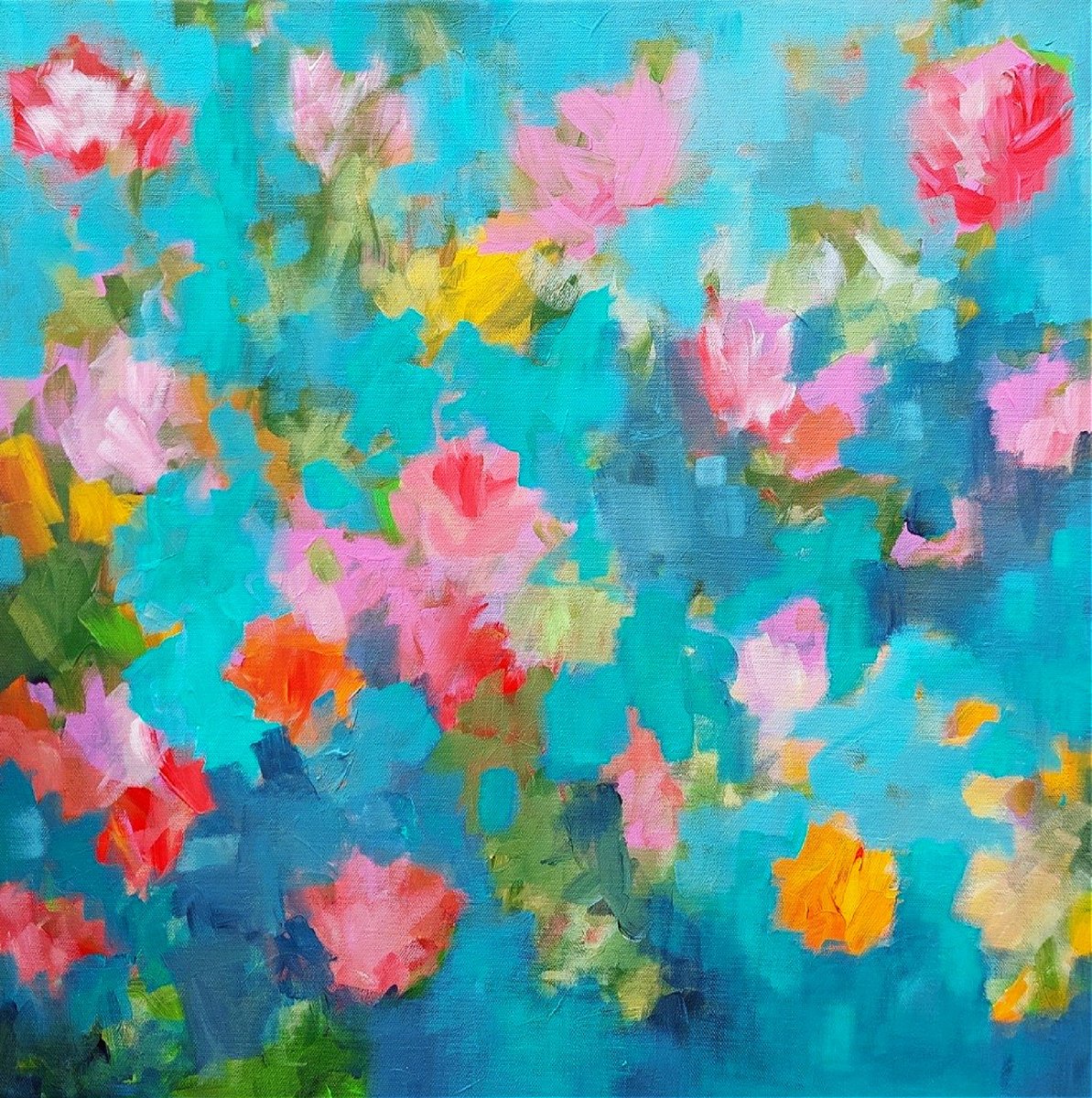 Abstract Botanical Acrylic Painting By Jan Rippingham, 24 X 24, In A Summer Garden Viii, Original Artwork