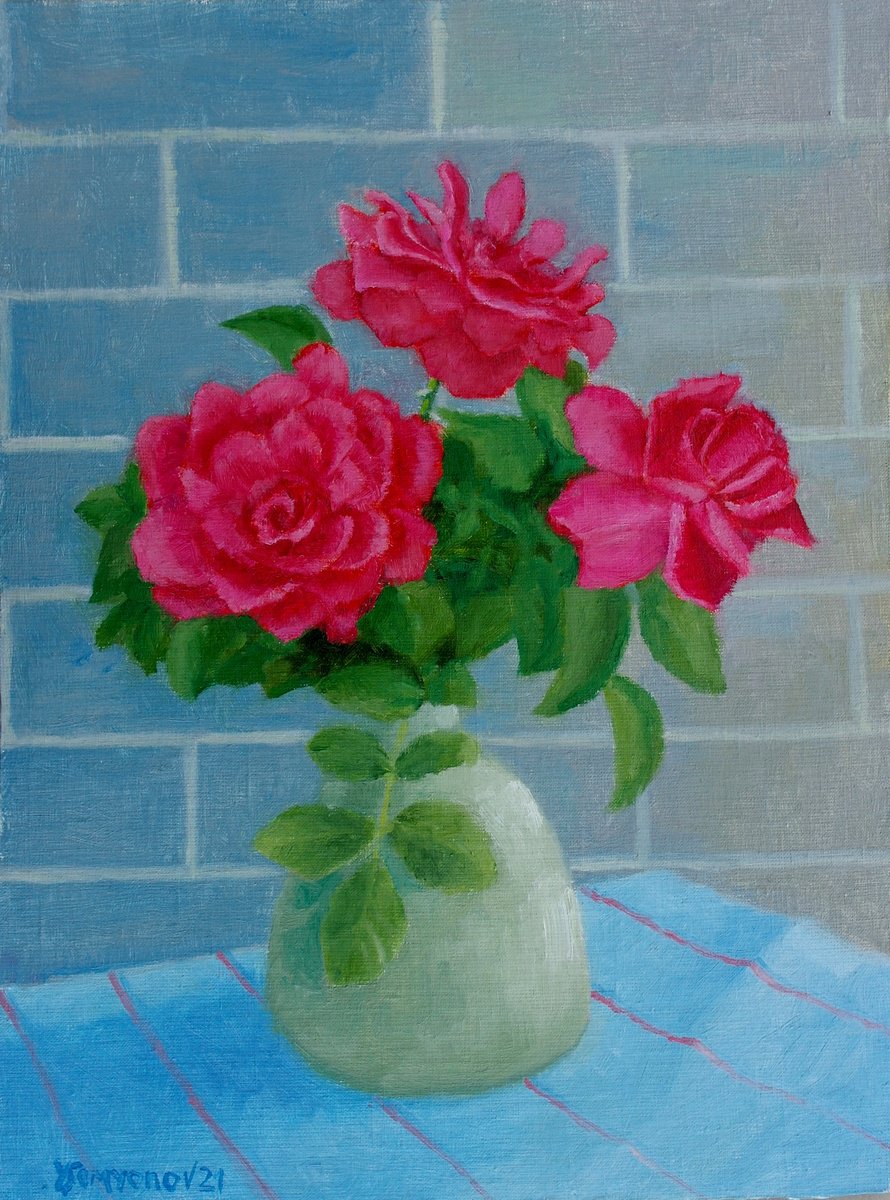 Impressionistic Botanical Oil Painting By Juri Semjonov, 12 X 16", My Garden Roses 3, Original Artwork