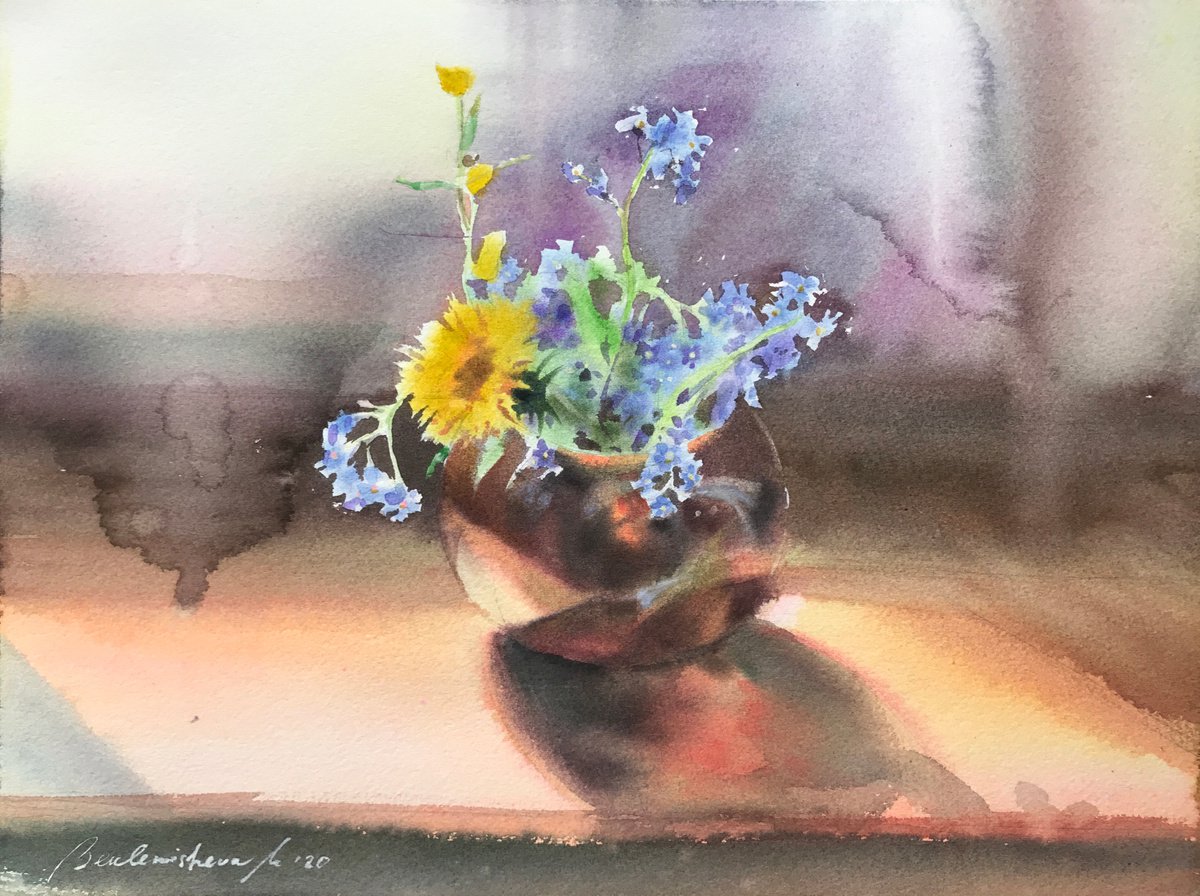 On the windowsill. Still life watercolour painting. by Maria Beklemisheva