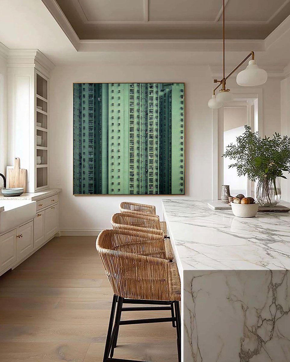 Photorealistic Cityscapes Photograph By Serge Horta, 32 X 32", Green, Original Artwork