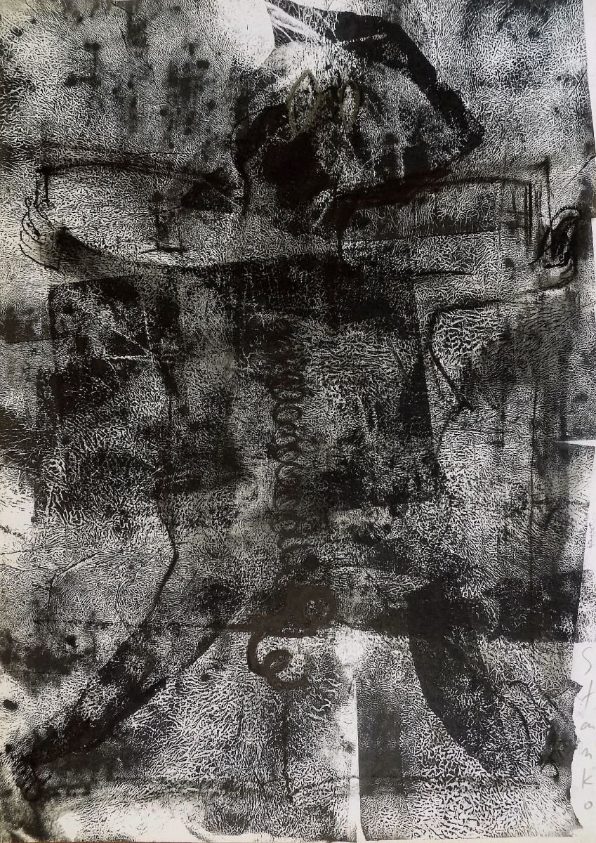 Abstract Charcoal Drawing By Stanislav Bojankov, 20 X 28", Cat With A Newspaper, Original Artwork