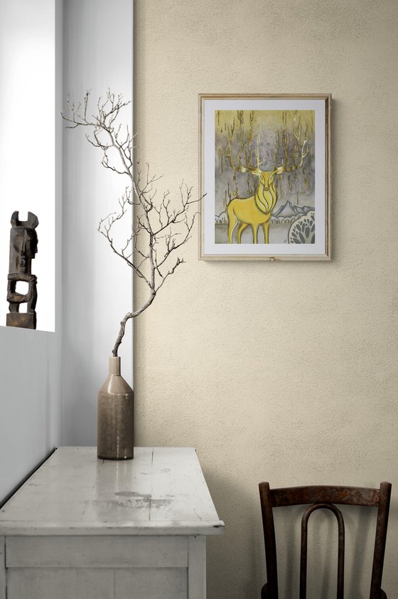 Golden deer, yellow deer on gray backgraund, gold leaf