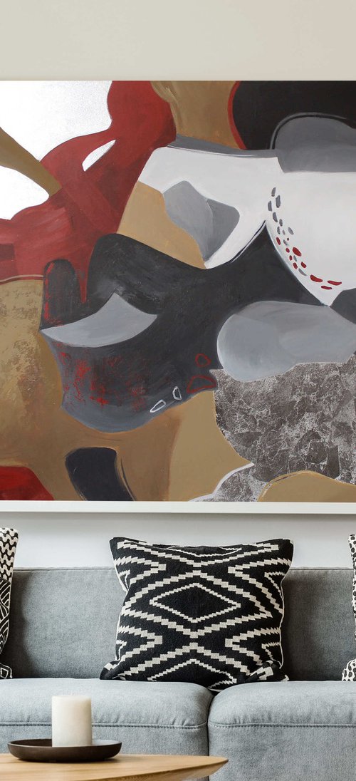 "Streams 2" Brown red silver abstract art by Nina