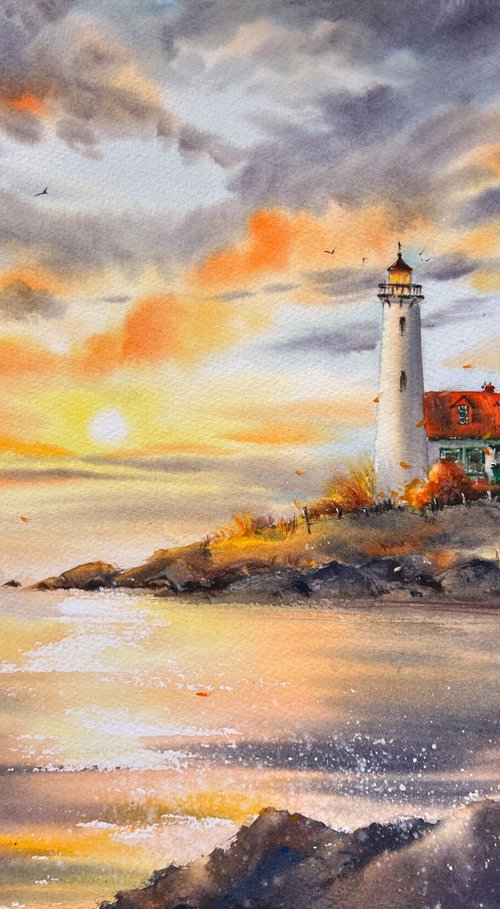 Lighthouse at sunset #3 by Eugenia Gorbacheva