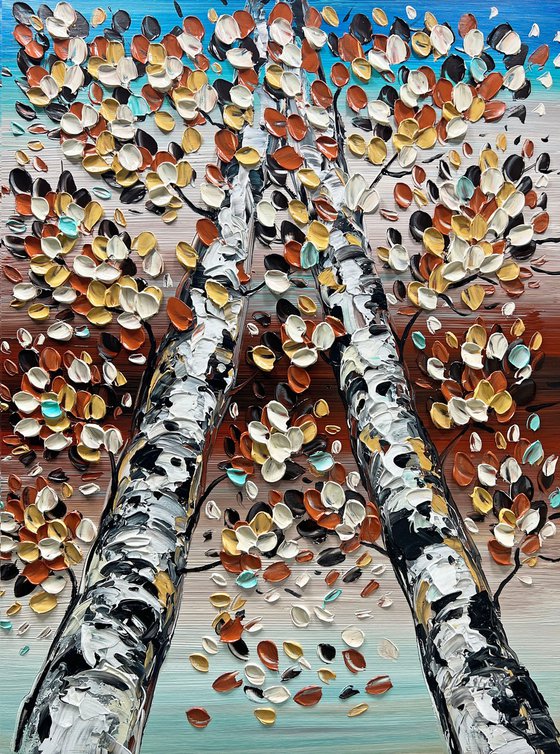 Stand Together - 3D Textured Fall Gold Birch Trees Landscape Painting on Canvas, Original Abstract Nature Textured Tree Painting - SIZE: 24 X 32 INCHES (60 X 80 CM)