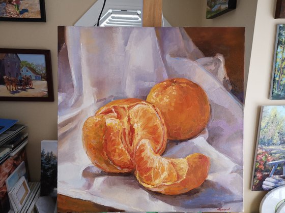 Two mandarines #2, original, one of a kind, impressionistic style still life painting (20x20x2'')