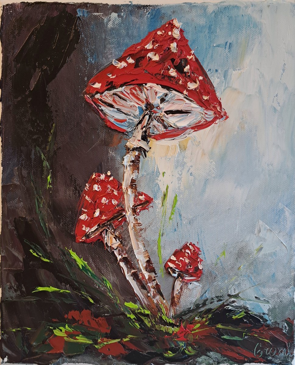 Impressionistic Botanical Oil Painting By Oksana Fedorova, 10 X 12", Fly Agarics. Red Mushrooms, Original Artwork