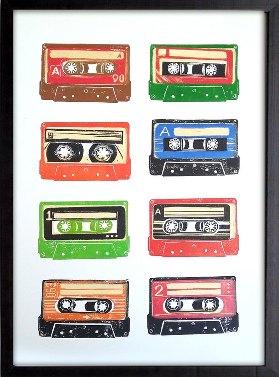 Linocut tapes #44 - framed and ready to hang (cassette tapes, retro music, 70's, 80's rock culture)