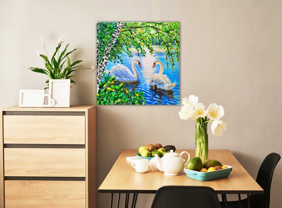 Two beautiful white swans in love on a summer lake (pond).  Decorative acrylic painting with precious stones. City landscape. Positive sunny good mood warm artwork. A wonderful gift for a couple, lovers, Wedding, Anniversary