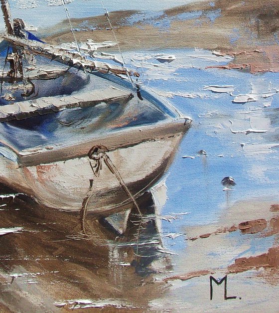 " BLUE BOAT ON LONELY BEACH "