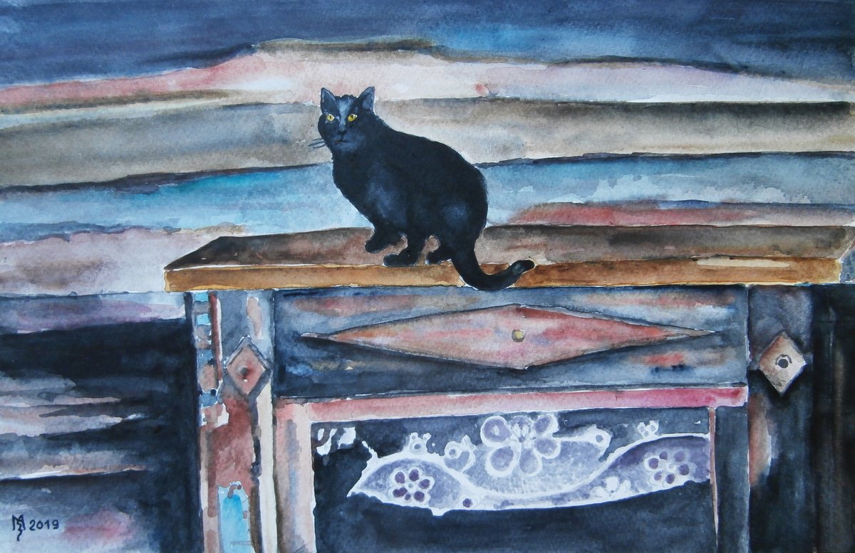 Impressionistic Animal Watercolour By Zoran Mihajlovic Muza, 13 X 9", Black Cat, Original Artwork