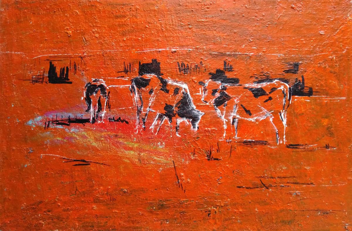 Impressionistic Animal Oil Painting By Kamsar Ohanyan, 24 X 16", Breakfast, Original Artwork