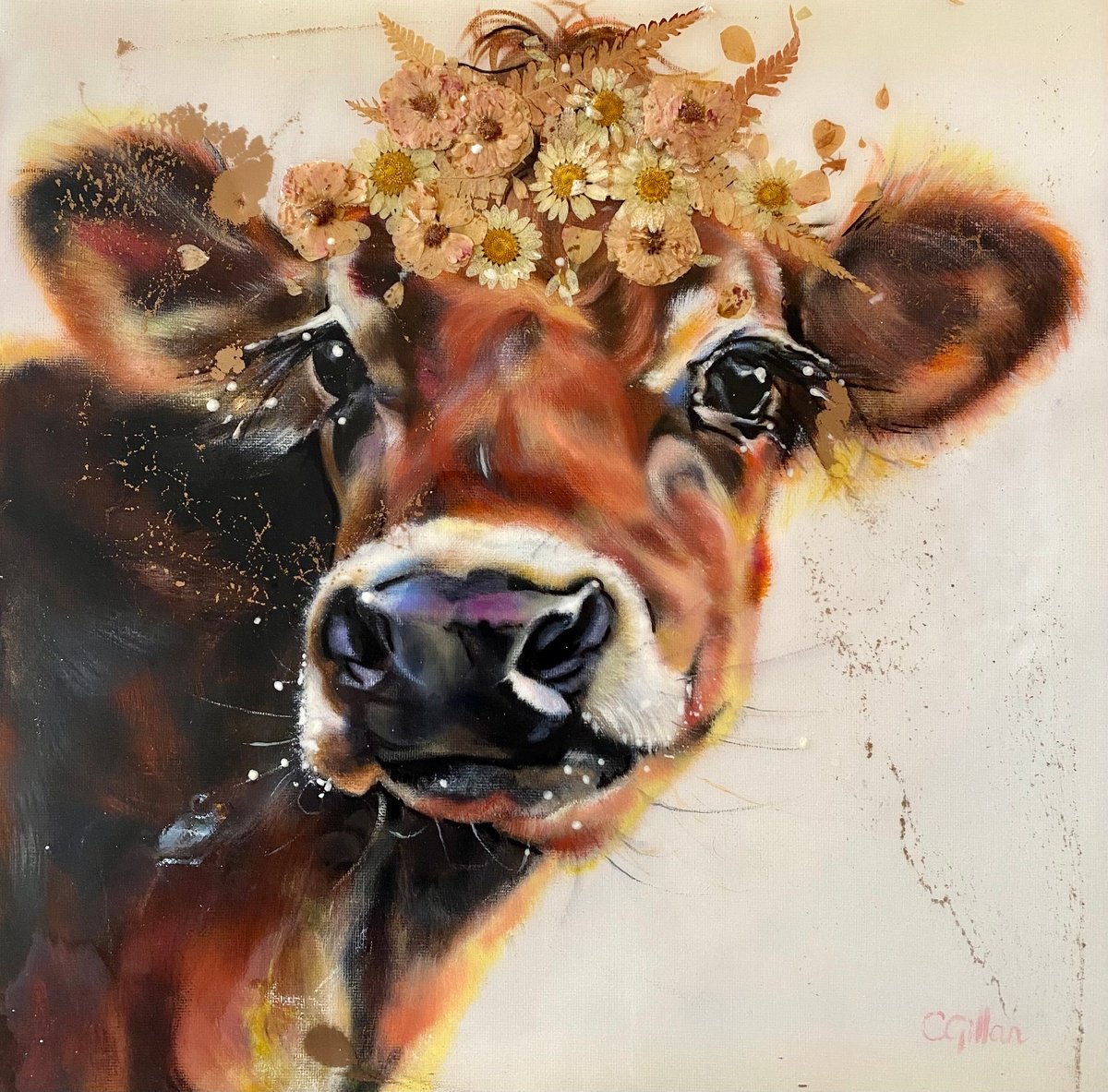 Winterberry, Red and White Holstein calf (cow) original oil painting, flowers, resin, 3D 1... by Carol Gillan