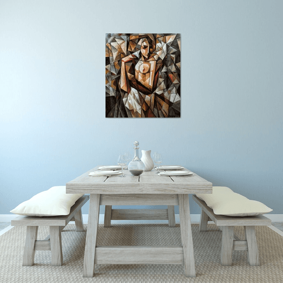 In front of the mirror (80x90cm, cubism, oil painting, ready to hang)