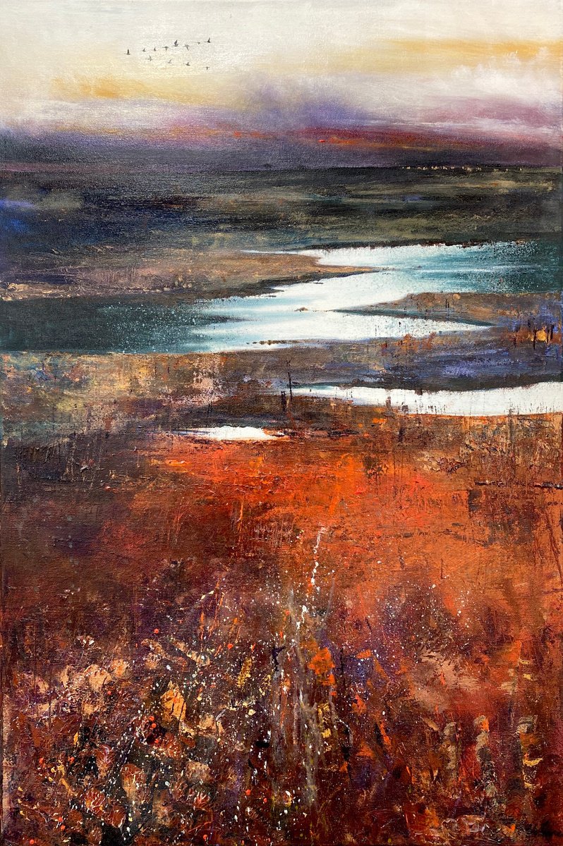 Impressionistic Landscape Painting By Teresa Tanner, 24 X 36", Geese Over Marshes Dusk, Original Artwork