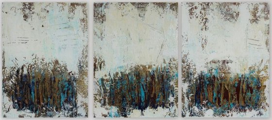 Large Abstract Painting. Modern Blue and Gold Textured Art. Painting with Structures. Triptych