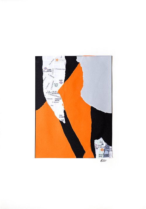 Minimalistic collage. Small artwork. Madrid series. 3. Black, orange and grey abstract interior gallery wall composition office home decor recycle by Sasha Romm