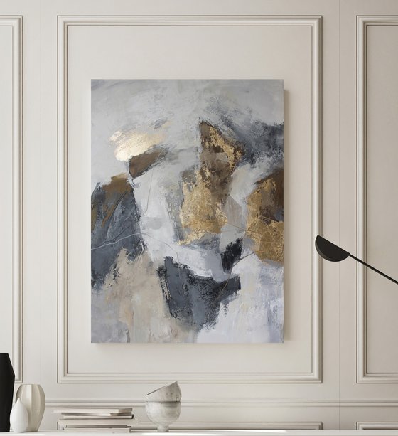 "Lead" Abstract grey gold acrylic art