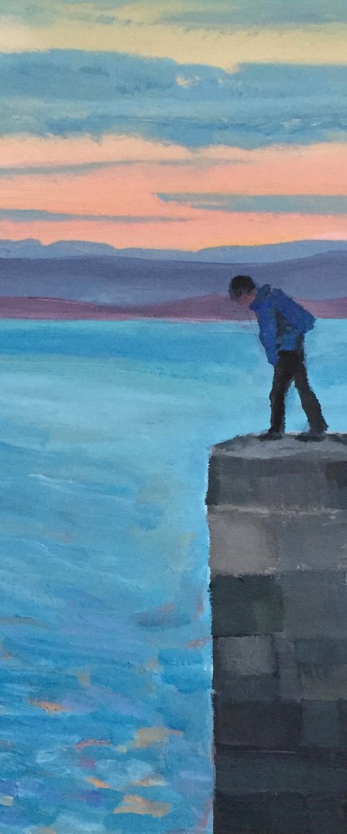 'A Man looks over the edge of Cellardyke Harbour walls, Fife' by Stephen Howard Harrison