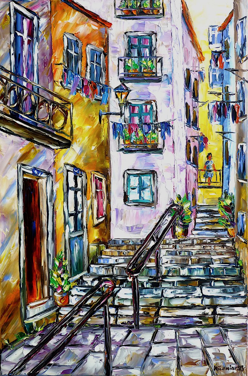 Expressive Cityscapes Oil Painting By Mirek Kuzniar, 16 X 24", The Alleys Of Lisbon, Original Artwork